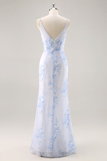 Blue Floral Ruched Chiffon Long Bridesmaid Dress with Slit